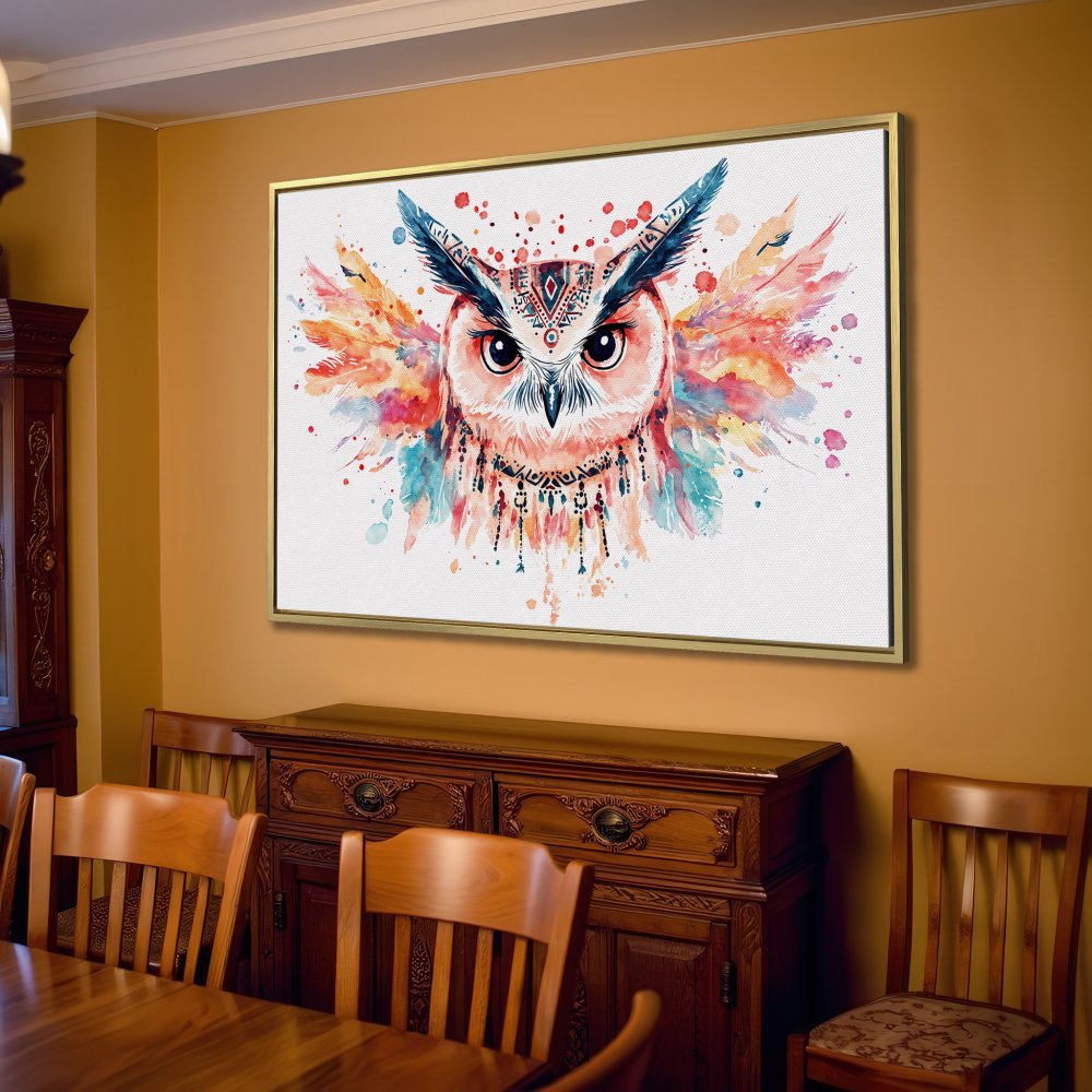 Watercolor owl Canvas Print in a living room setting. Colorful, boho style wall art with a warm, inviting color palette.