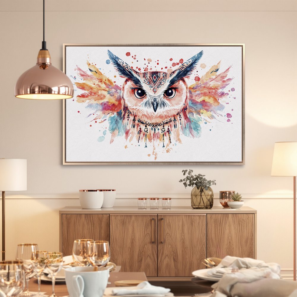 Framed Wall Art: Watercolor owl print in vibrant colors. Perfect for adding bohemian style to your home decor. Shop our Canvas Print collection today!