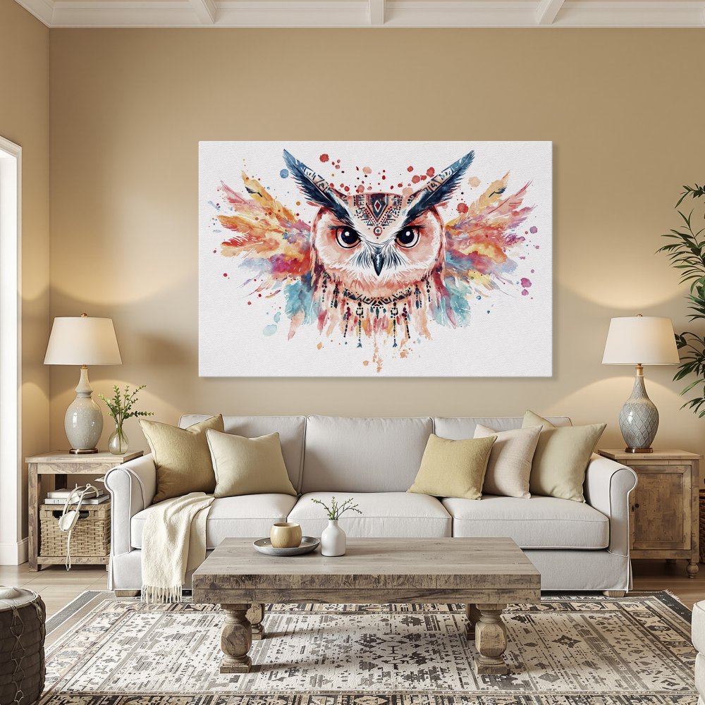 Framed Wall Art: Watercolor owl print with vibrant colors. Add artistic flair to your space with this stunning Canvas Print!