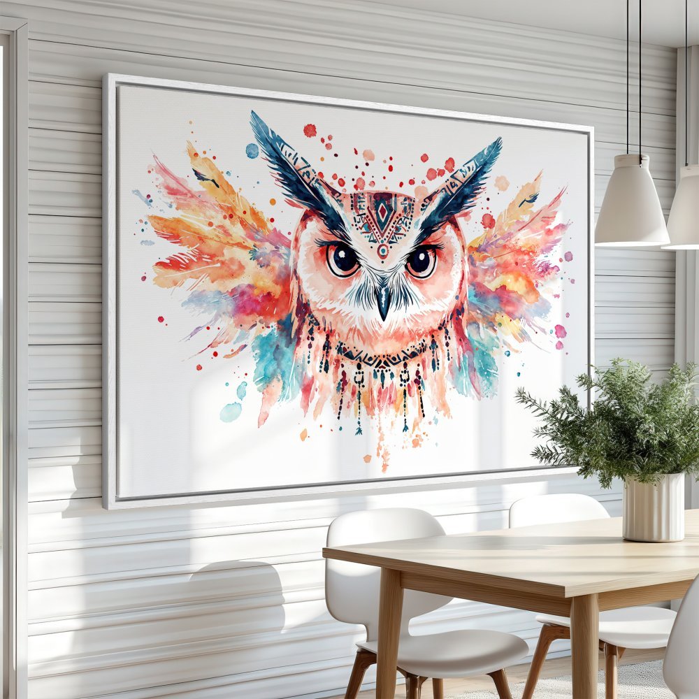Watercolor owl Canvas Print with vibrant colors. Boho style wall art, perfect for adding a touch of nature and artistry to your home decor.