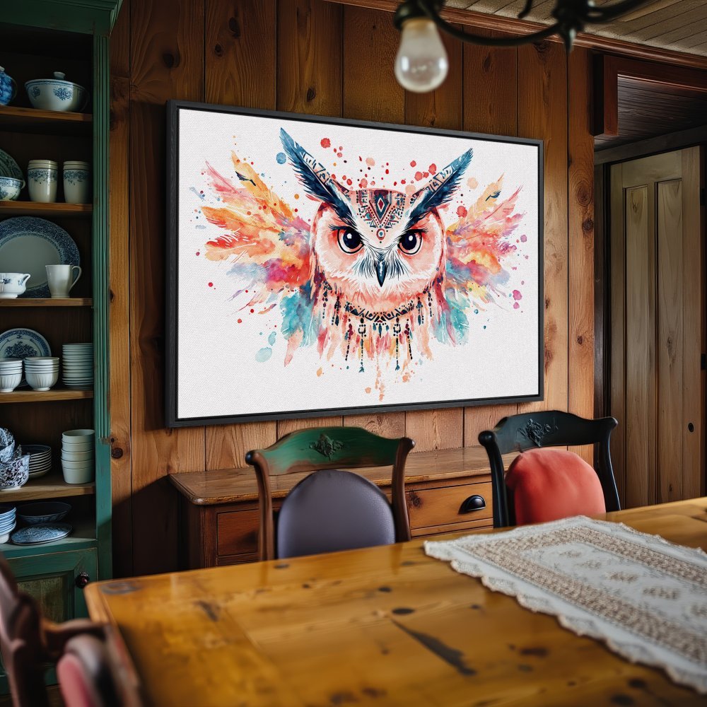 Framed Wall Art: Watercolor owl print in vibrant blues, oranges, and reds. Perfect for adding a pop of color and artistic flair to your home decor.