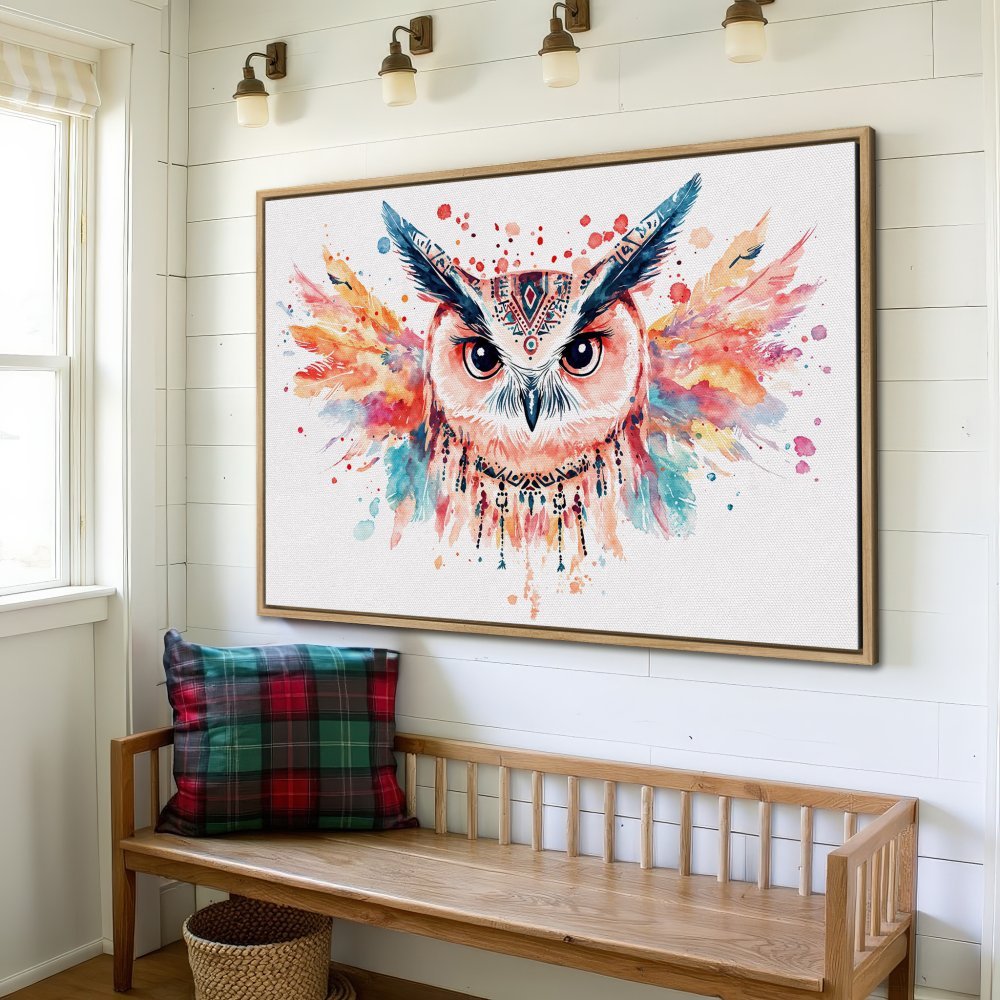 Framed Wall Art: Watercolor owl print with vibrant colors. Boho style canvas print adds artistic flair to any space. Shop now!