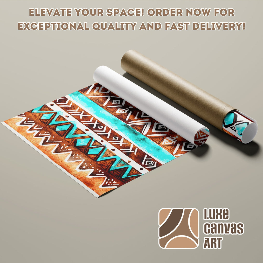 Abstract tribal art Poster Roll in warm brown, turquoise, and white. Elevate your space with this unique art print!