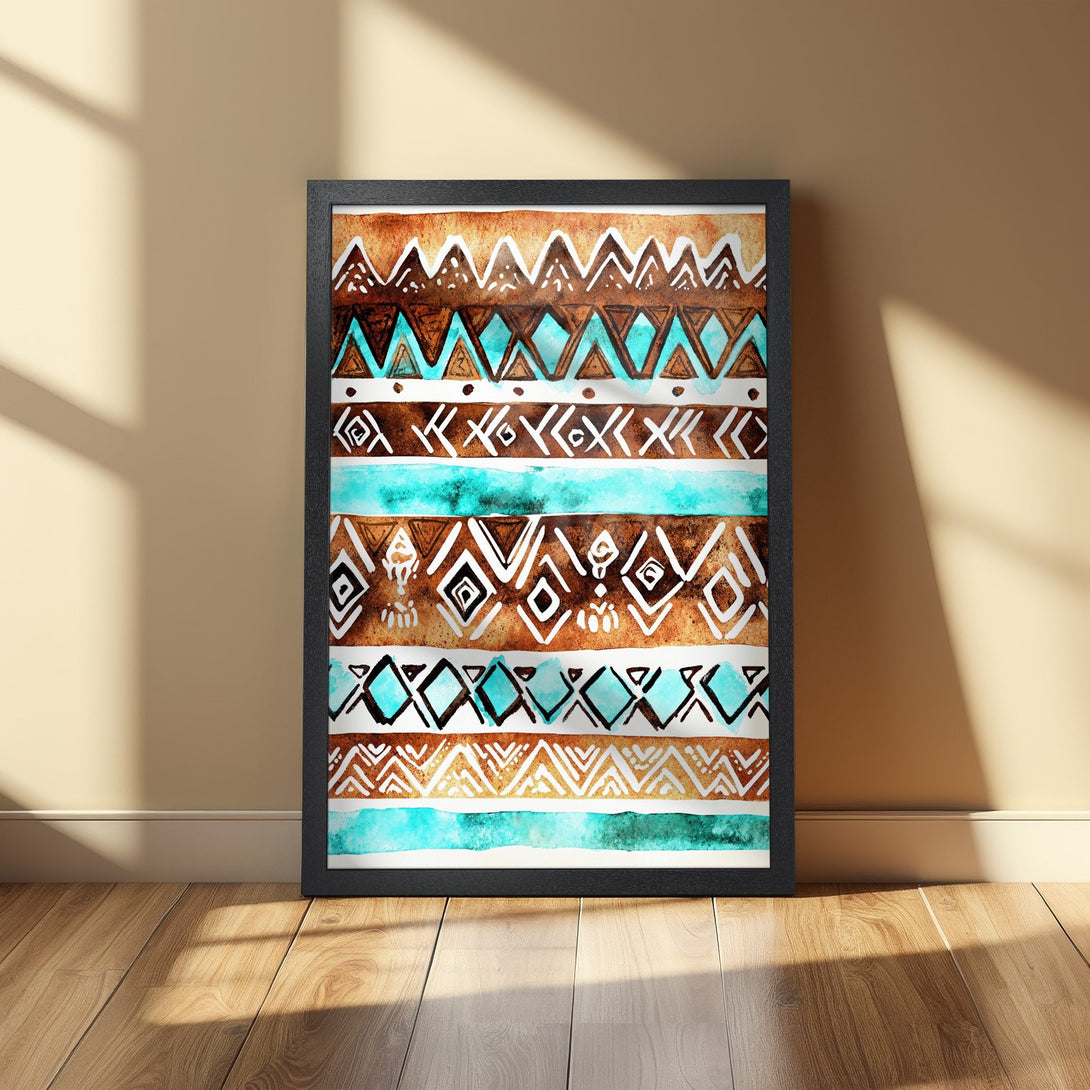 Framed Poster featuring a watercolor tribal design in brown, turquoise, and white. Perfect wall art for modern decor.