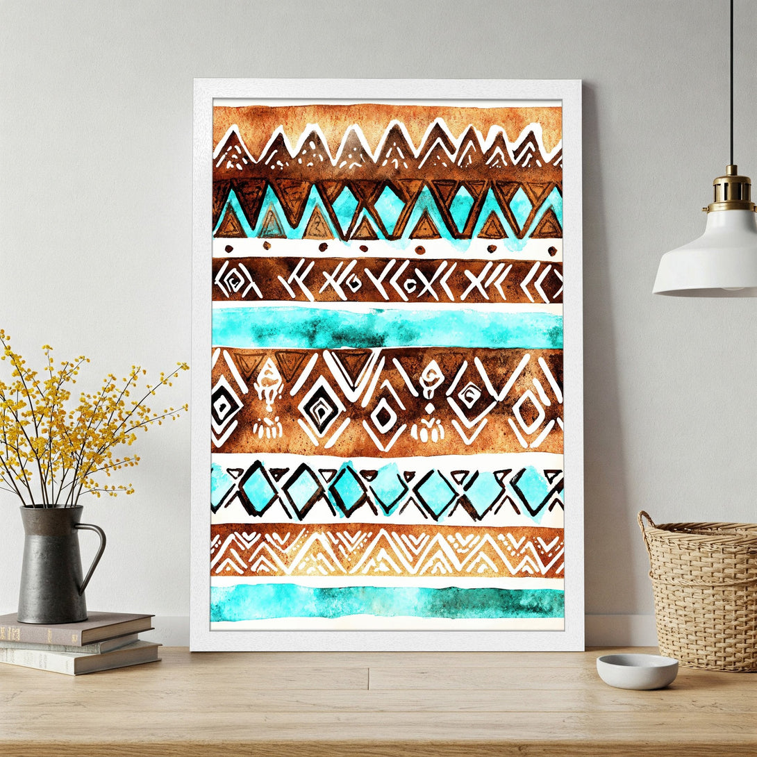 Framed Poster featuring a watercolor tribal pattern in brown, turquoise, and white. Perfect for adding boho style to your home.