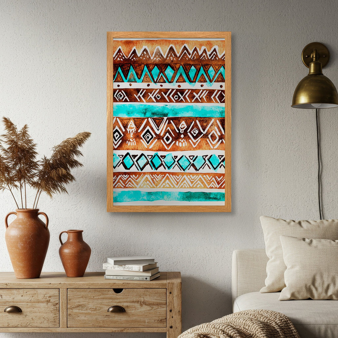 Framed Poster featuring an abstract tribal design in brown, turquoise, and white. Modern art for home decor.