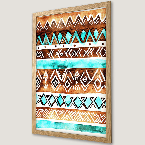 Framed Poster featuring a watercolor tribal pattern in brown, turquoise, and white. Modern art for home decor.