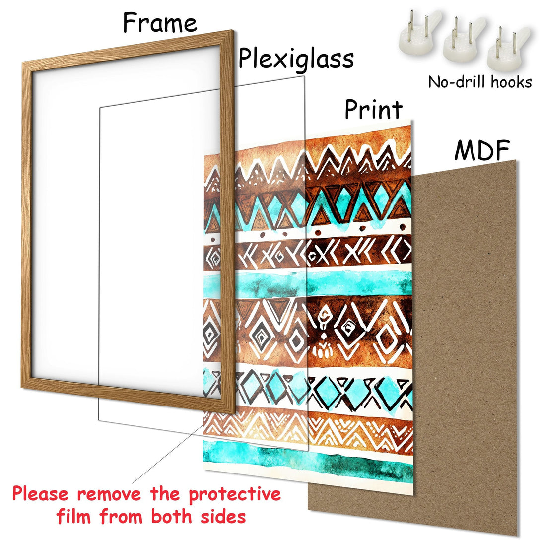 Framed Poster featuring an abstract tribal design in brown, turquoise, and white. Perfect wall art for any room.