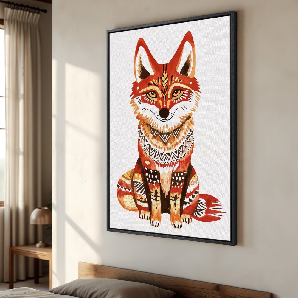 Framed Wall Art: Watercolor fox print in warm orange and brown tones, perfect for adding a touch of boho style to your home decor.