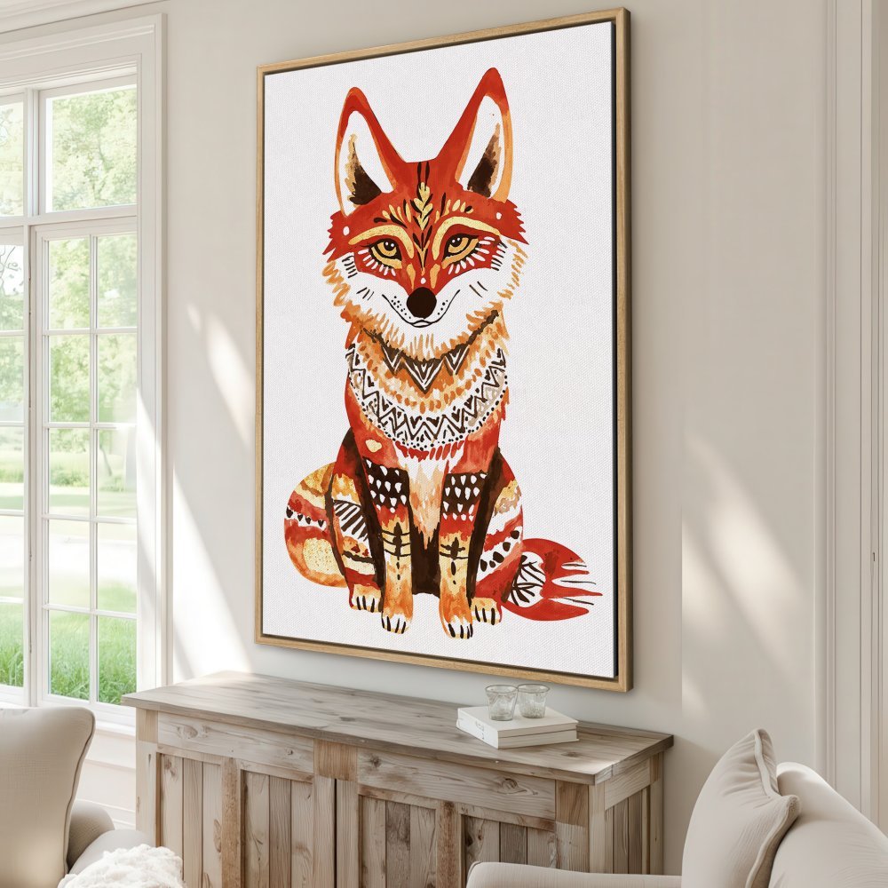 Framed Wall Art: Watercolor fox Canvas Print in warm orange & brown tones. Boho style art for living room decor.