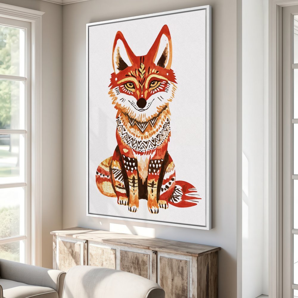 Framed Wall Art: Watercolor fox print in warm orange and brown tones. Boho style canvas art for living room decor.