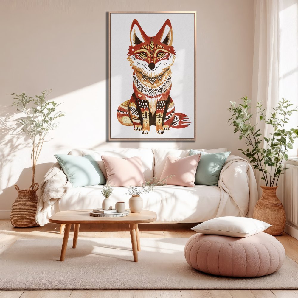 Framed Wall Art: Watercolor fox print in warm earthy tones. Boho style canvas art for living room decor.
