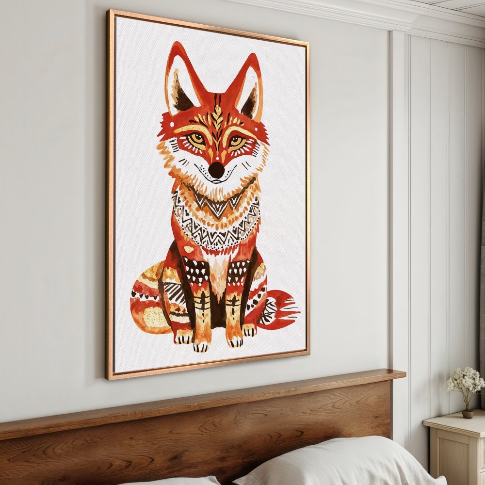 Framed Wall Art: Watercolor fox print in warm orange and brown tones. Boho style canvas art for a cozy living room or bedroom.
