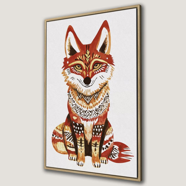 Framed Wall Art: Watercolor fox print in warm red & gold tones. Boho style canvas art for living room or bedroom decor.