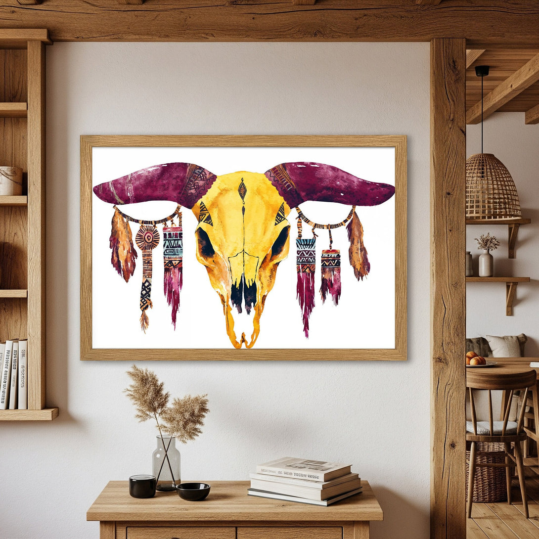Framed Poster featuring a watercolor skull with tribal details. Earthy tones of yellow, burgundy, and brown create a bohemian vibe. Perfect wall art!