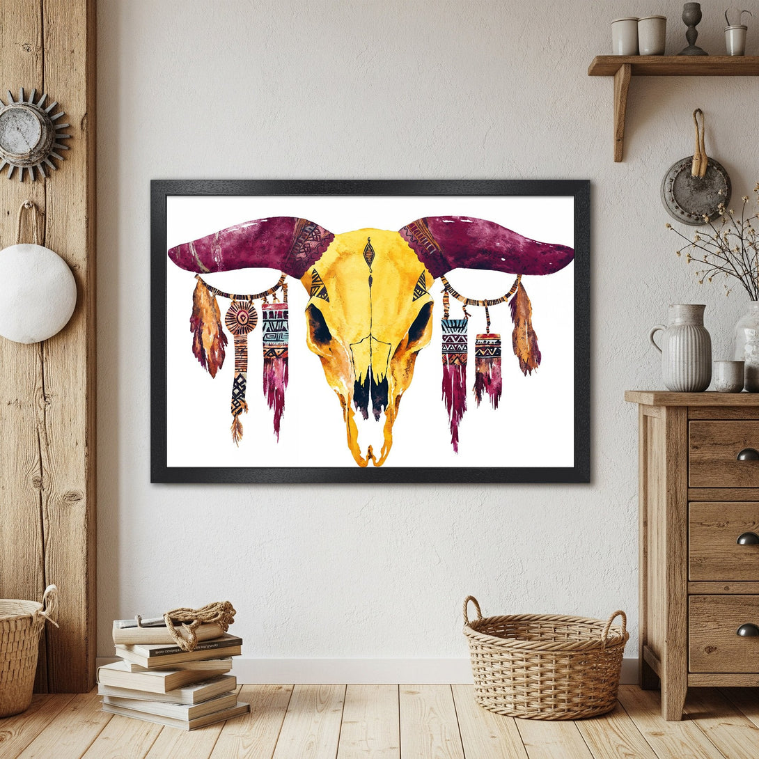 Framed Poster featuring a watercolor bull skull in yellow, burgundy, and brown. Boho style art print for home decor.