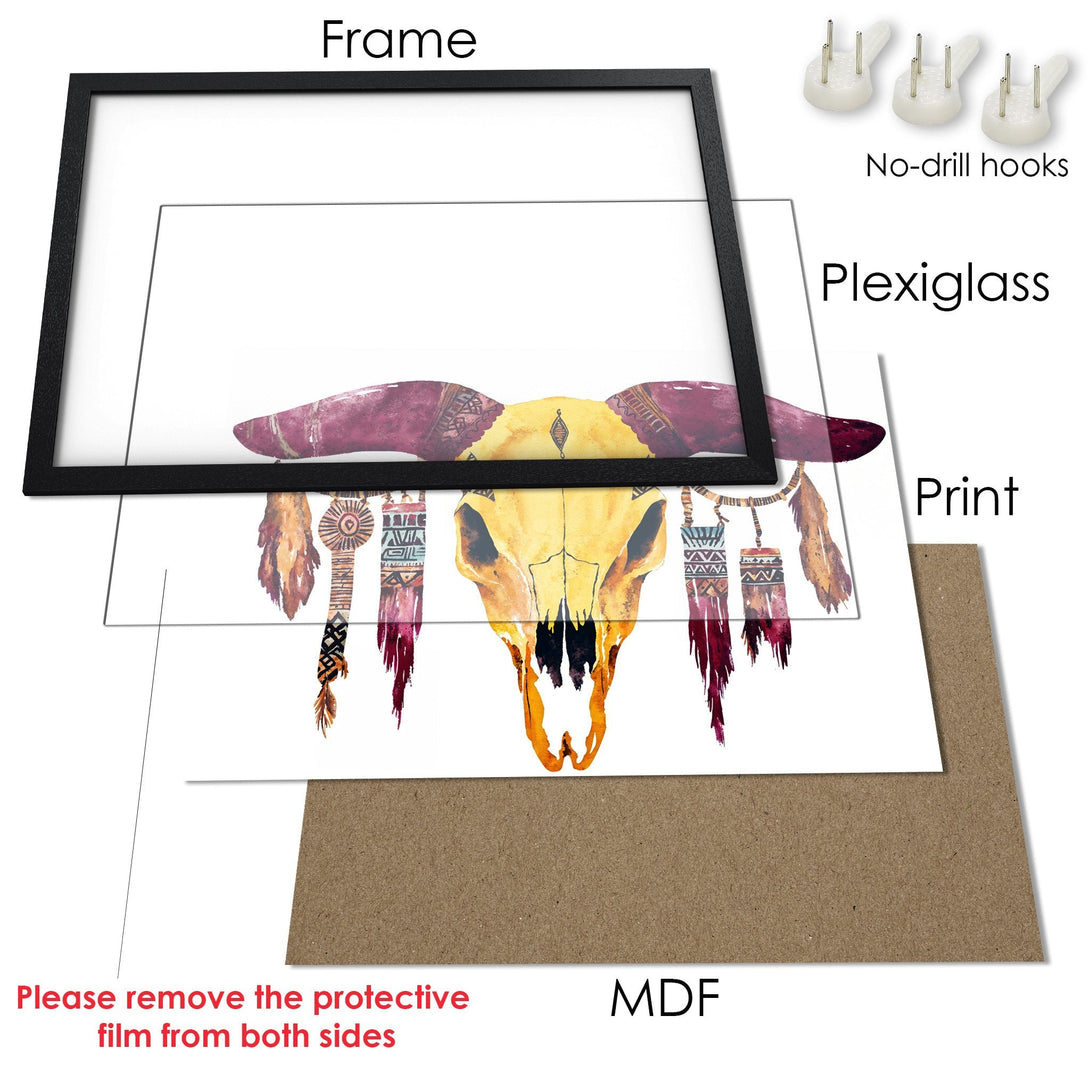 Framed Poster with watercolor skull art. Earthy tones and bohemian style. Ready to hang!