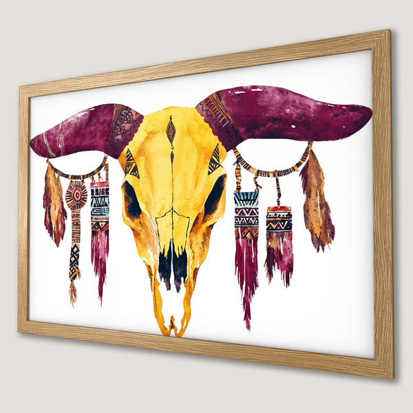 Framed Poster featuring a watercolor skull with tribal accents. Earthy tones of yellow, burgundy, and brown create a unique boho wall art piece.