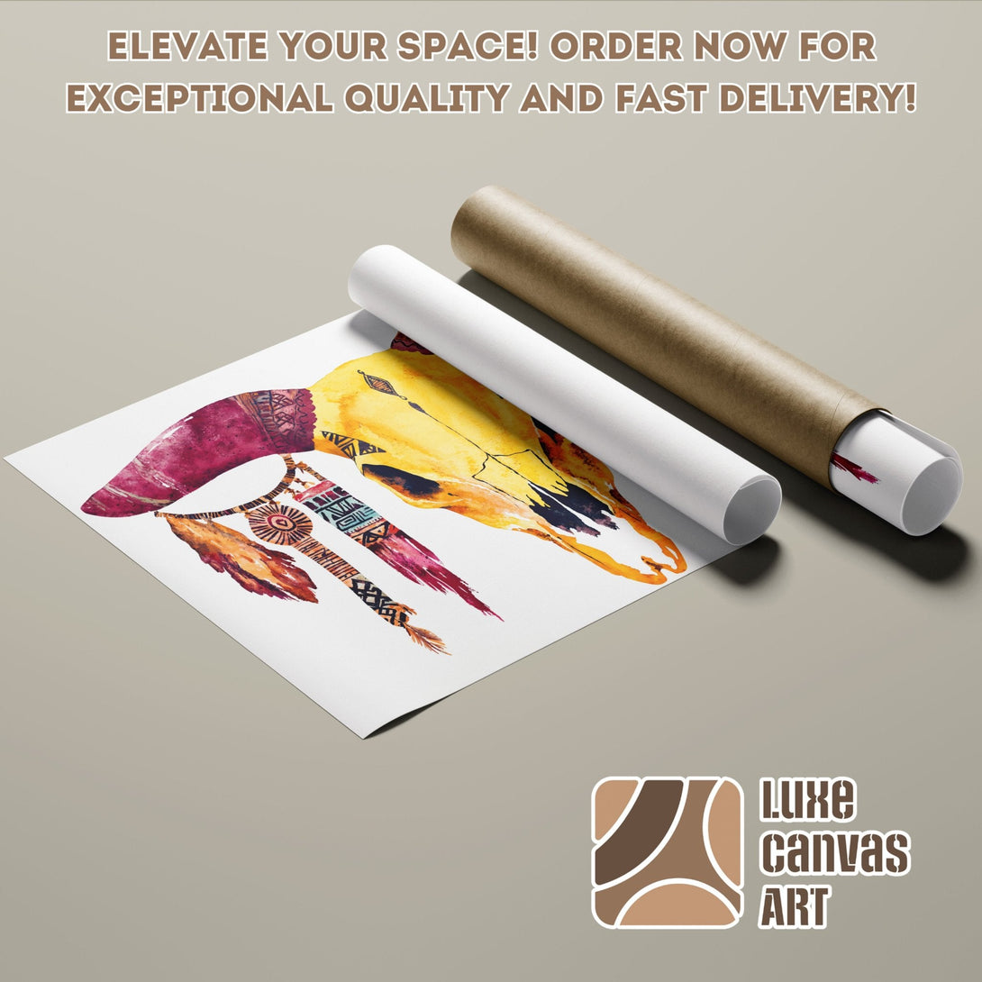 Poster Roll featuring a watercolor skull in warm tones. Elevate your space with this unique art piece!