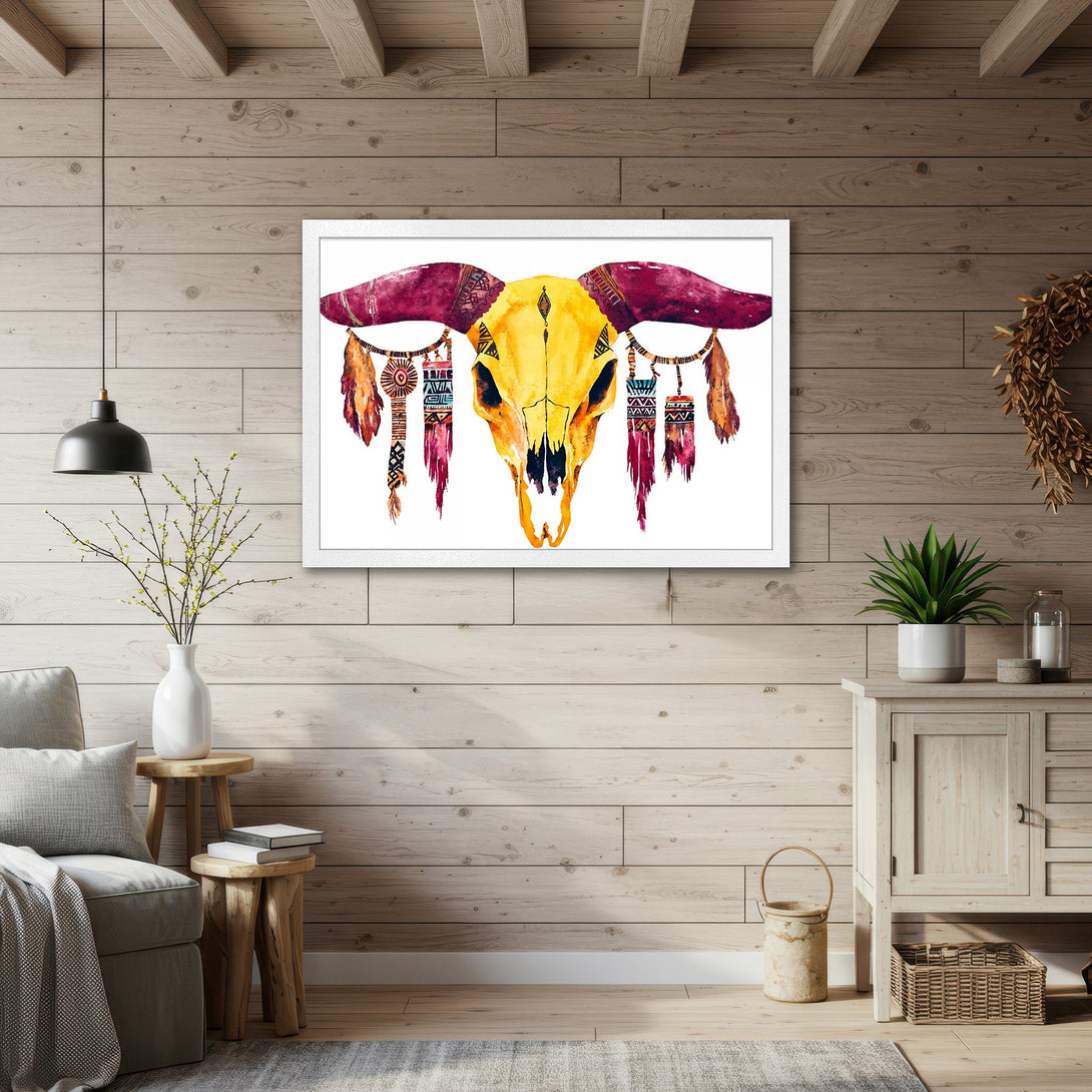 Framed Poster featuring a watercolor boho skull in yellow, burgundy, and brown. Perfect for rustic home decor. Shop now!