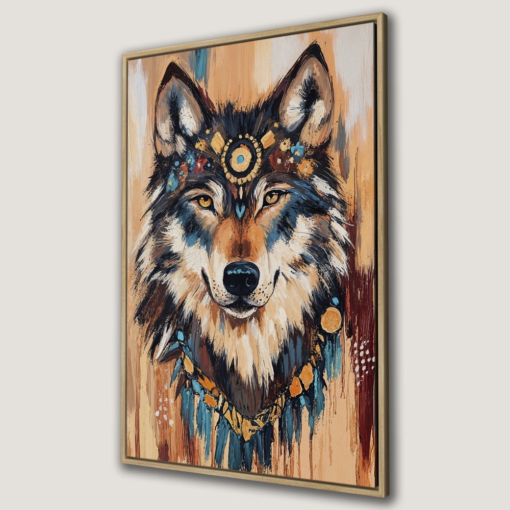 Framed Wall Art: Majestic wolf portrait in warm earth tones, with pops of blue and gold. Perfect for adding a touch of nature-inspired art to your home.