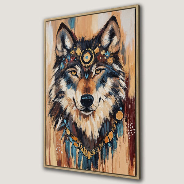 Framed Wall Art: Majestic wolf portrait in warm earth tones, with pops of blue and gold. Perfect for adding a touch of nature-inspired art to your home.