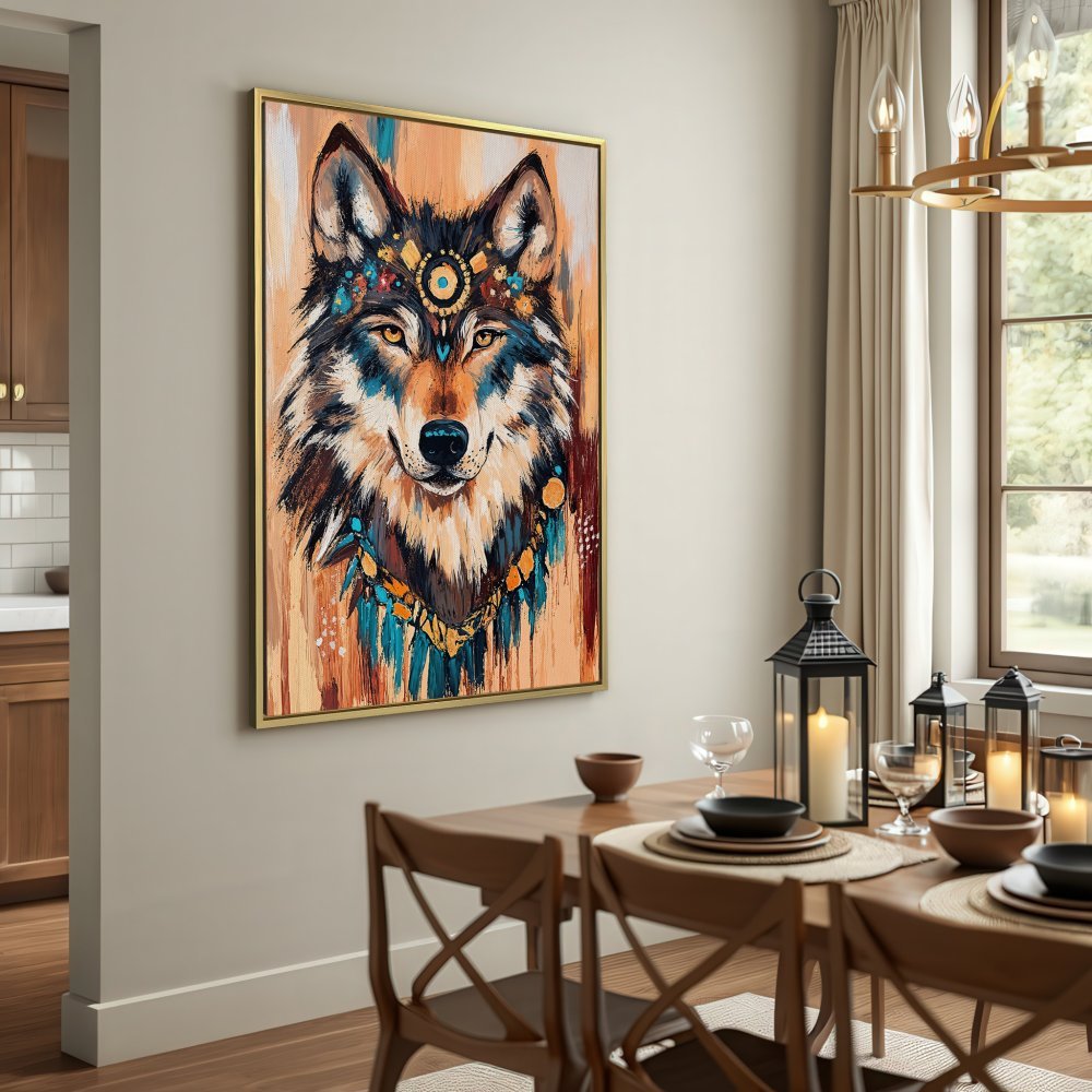 Canvas Print: Tribal wolf art in warm earth tones. Rustic decor with blue, brown, and gold accents. Add a touch of nature to your home!
