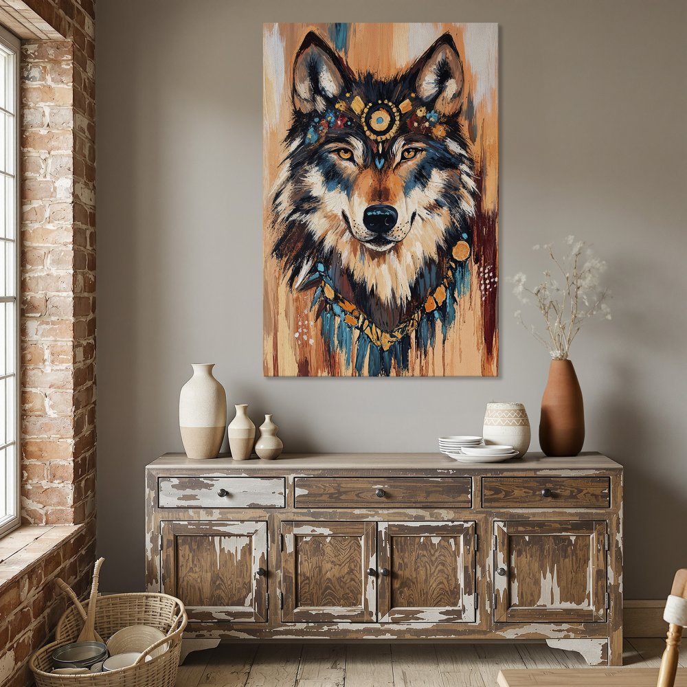 Framed Wall Art: Majestic wolf portrait canvas print in earthy tones and teal accents. Perfect for adding a touch of nature-inspired art to your home.