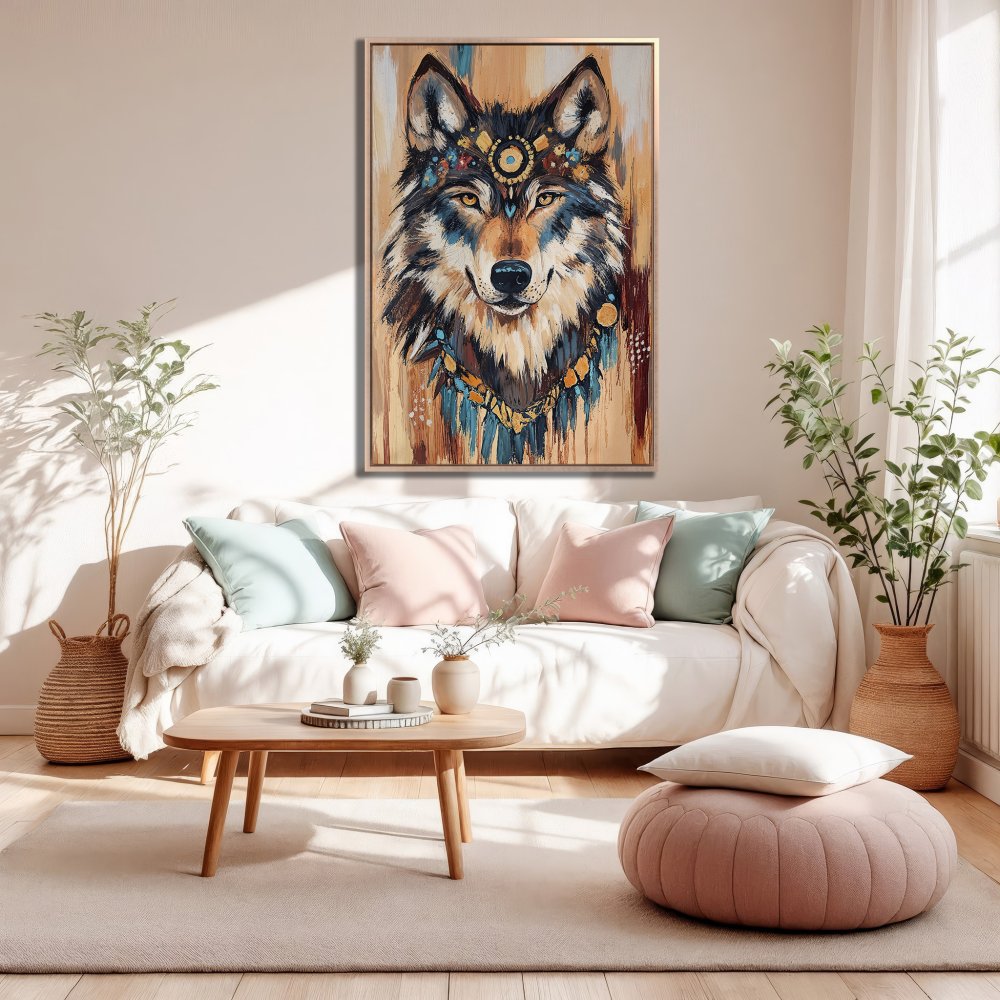 Framed Wall Art: Majestic wolf portrait in earthy tones. Bohemian style canvas print adds a touch of nature and elegance to any room.