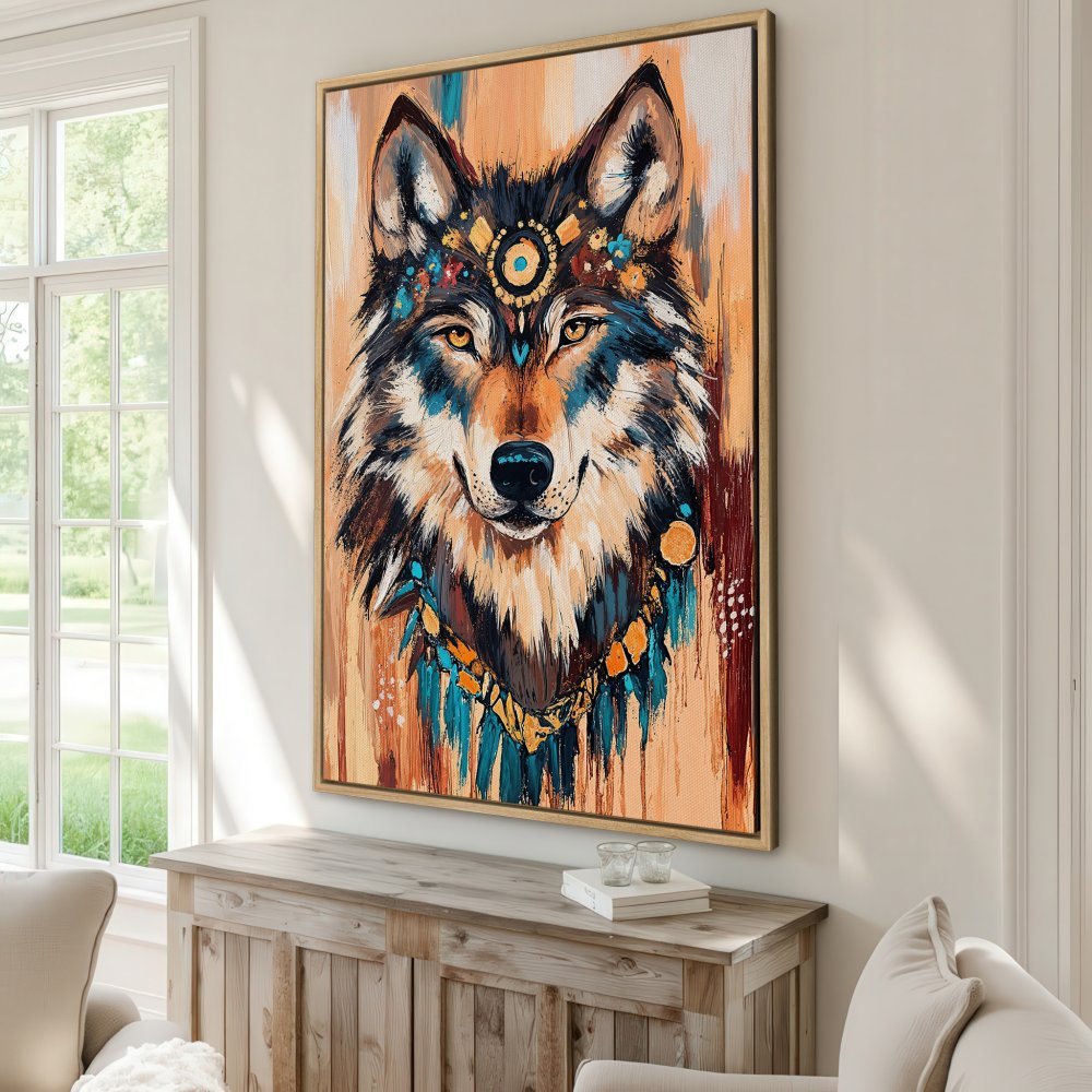 Framed Wall Art: Majestic wolf portrait in boho style with vibrant teal, orange, and brown hues. Add artistic flair to your home!