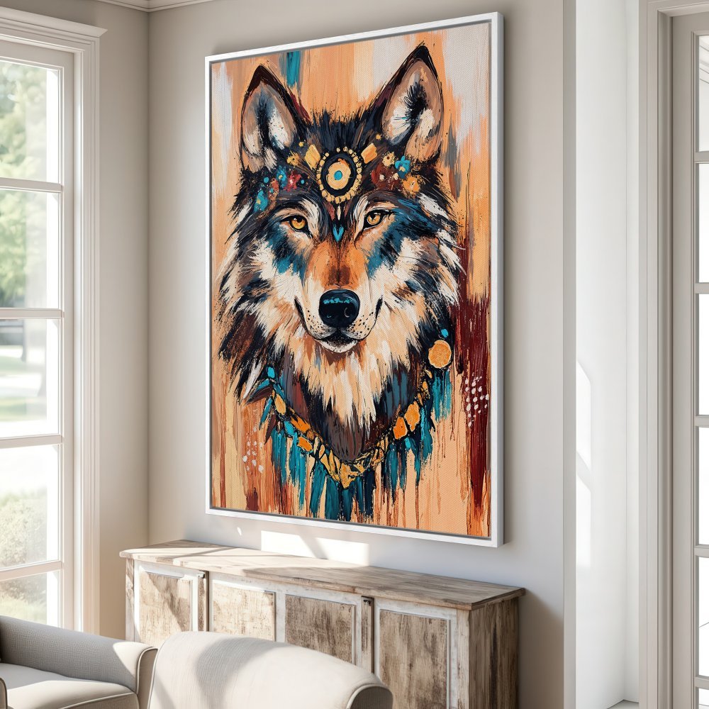 Framed Wall Art: Majestic wolf portrait in vibrant teal and orange. Boho-chic style Canvas Print adds a touch of wild beauty to any room.