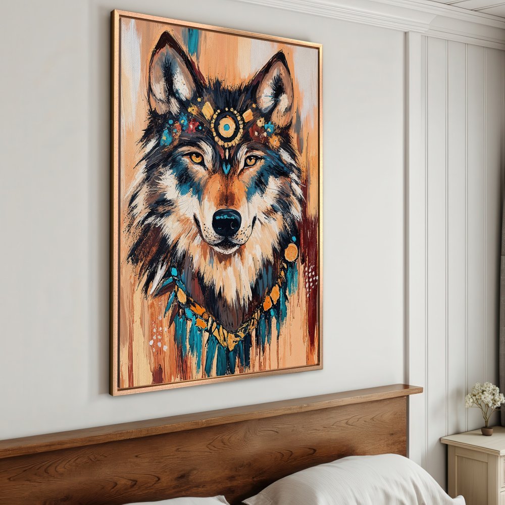 Framed Wall Art: Majestic wolf portrait in earthy tones with teal accents. Add a touch of boho style to your space!