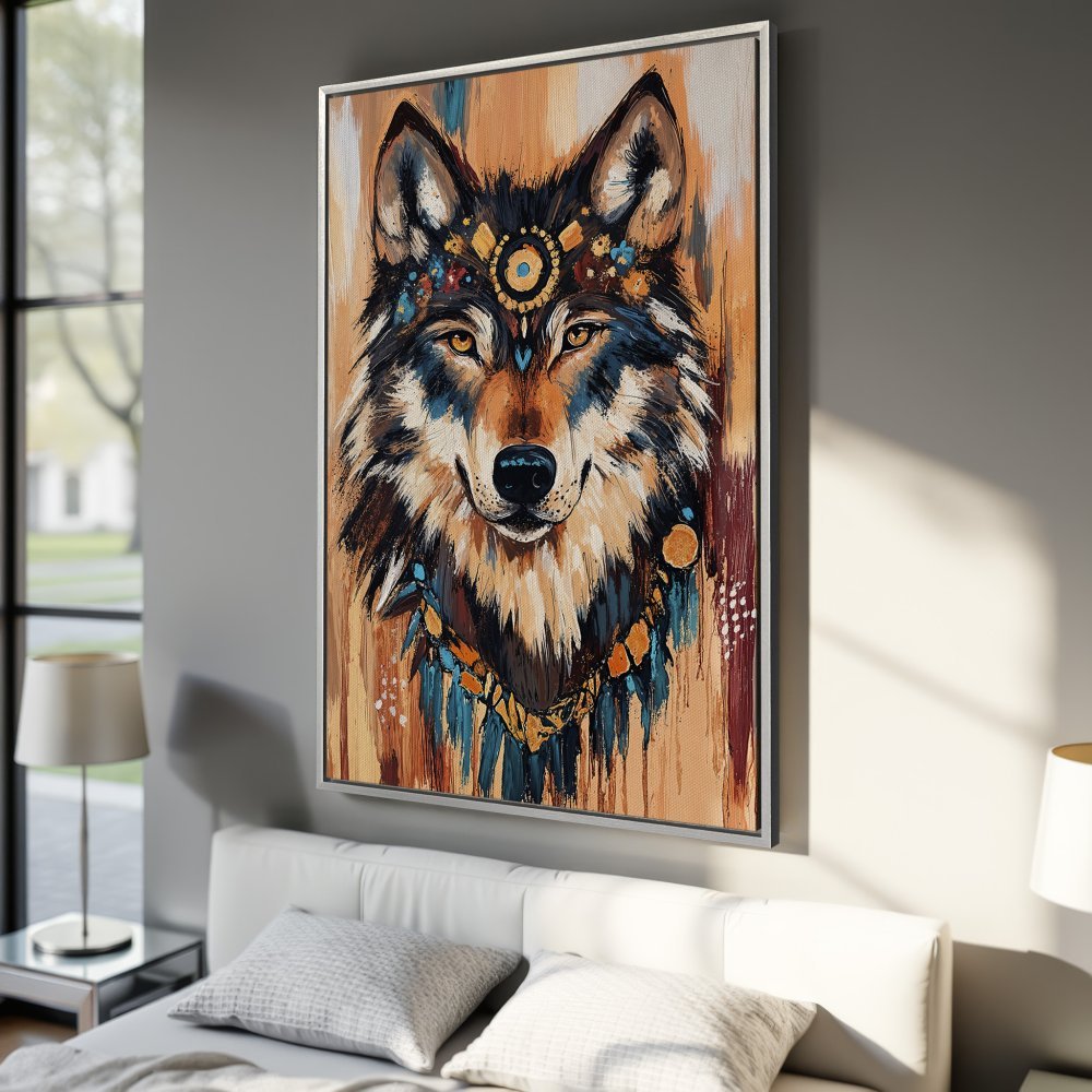 Framed Wall Art: Majestic wolf portrait in warm earth tones and teal. Boho-chic style Canvas Print adds a touch of wilderness to any room.