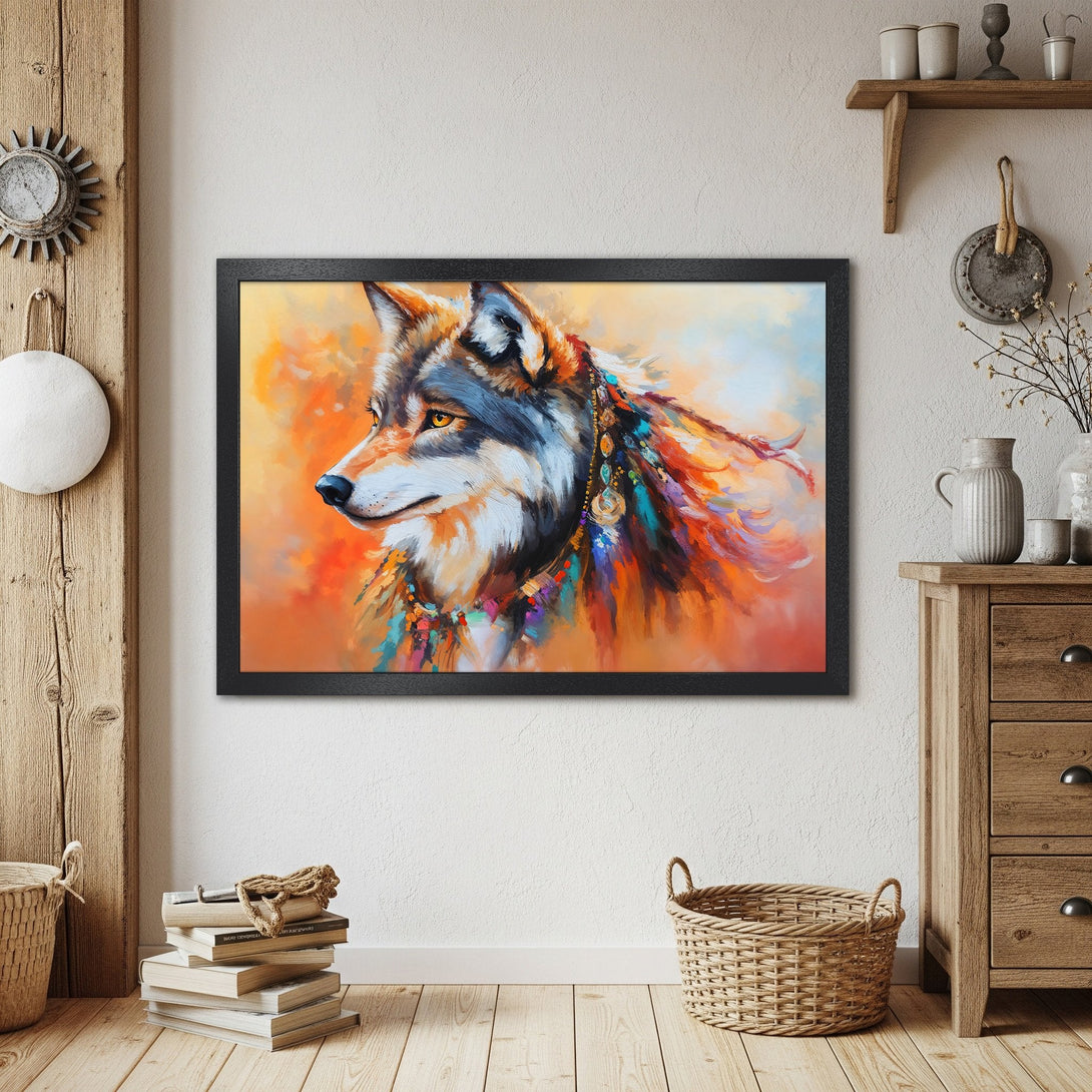 Framed Poster featuring a majestic wolf in vibrant, warm colors. Perfect art for your home decor!