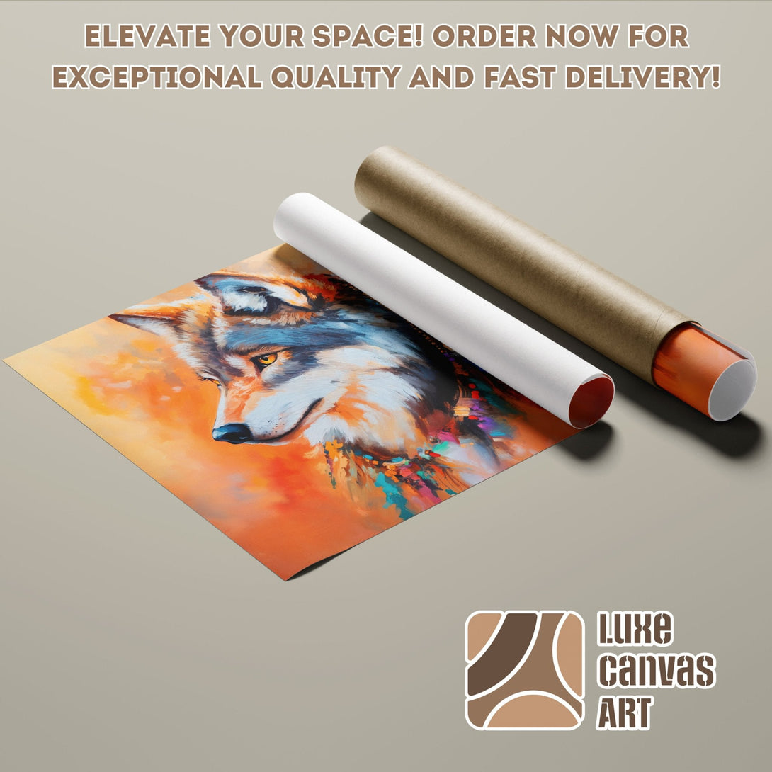 Poster Roll featuring a wolf painting in warm orange tones. Modern art style, perfect for home decor.
