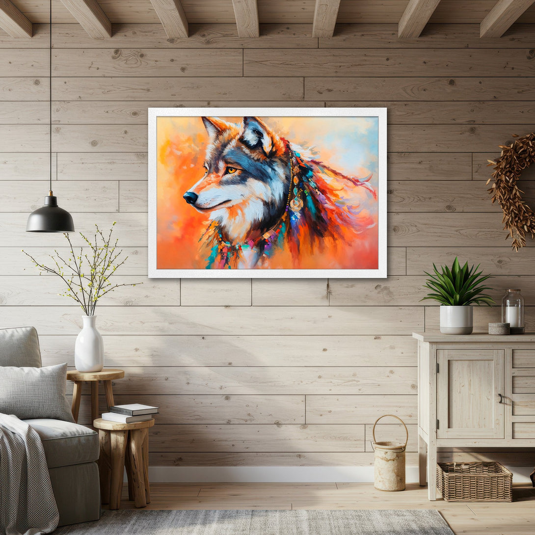 Framed Poster featuring a colorful, expressive wolf painting. Vibrant orange, blue, and teal hues create a stunning art piece. Perfect wall decor!