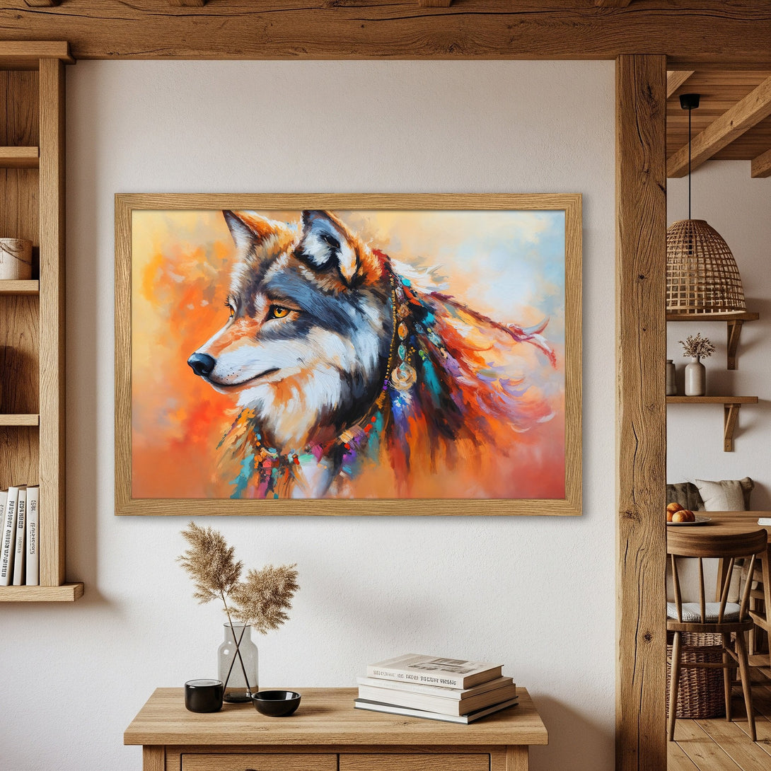 Framed Poster of a wolf in vibrant, abstract style, warm orange and blue color palette. Perfect wall art for your home!