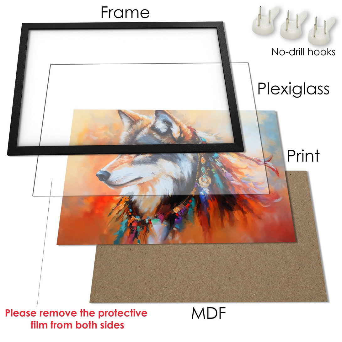 Framed Poster featuring a wolf in an expressive, colorful style. Warm orange, red, and gold tones. Ready to hang!
