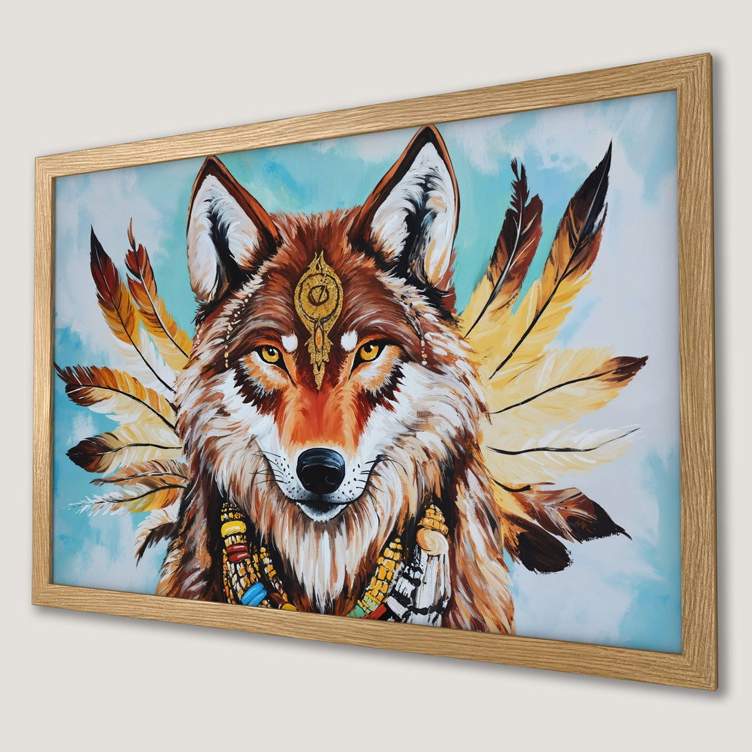 Framed Poster featuring a majestic wolf with feathers, in a vibrant, artistic style. Earthy tones and blue background. Perfect wall art!