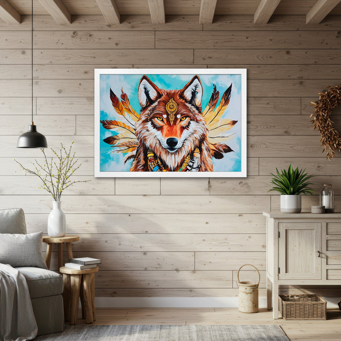Framed Poster featuring a majestic wolf with feathers, in a vibrant, earthy color palette. Perfect for adding a touch of nature to your home!