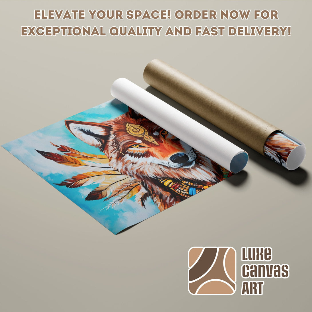 Native American Wolf Poster Roll, vibrant art with warm colors, perfect for home decor.