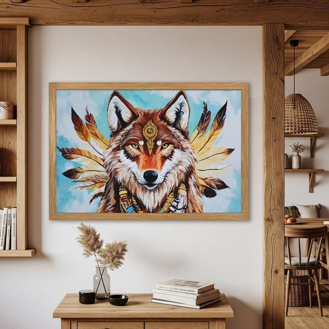Framed Poster of a majestic wolf with feathers, in a warm color palette. Native American inspired art.