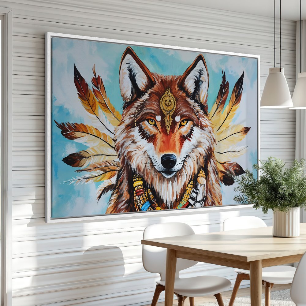 Framed Wall Art: Majestic wolf portrait with feathers, warm earthy tones. Add a touch of wilderness to your home decor.