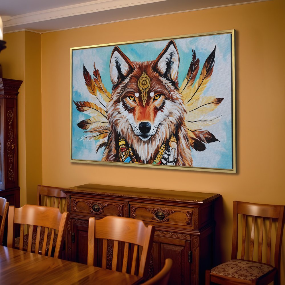 Canvas Print featuring a majestic wolf with feathers, in warm brown and blue tones. Perfect wall art for a rustic living room.