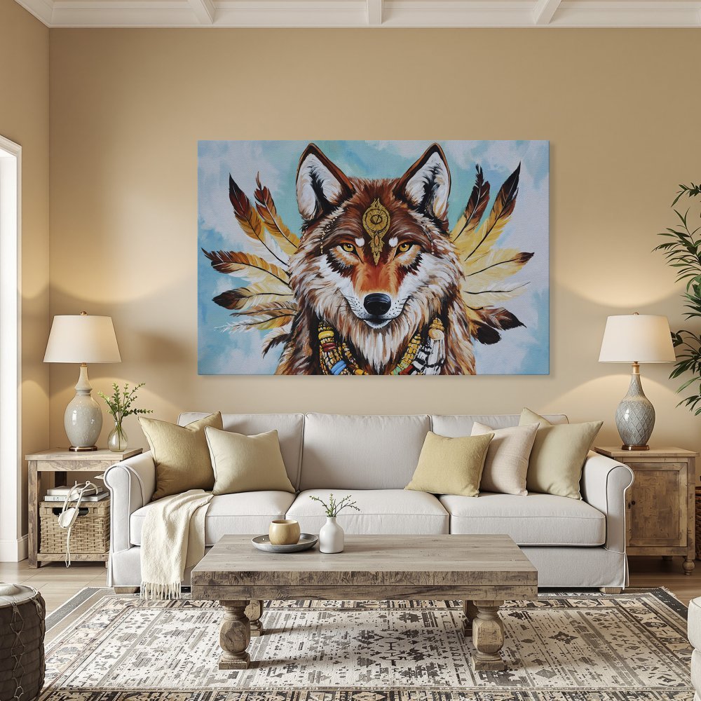 Framed Wall Art: Majestic wolf portrait canvas print with warm brown, gold, and blue tones. Add a touch of nature and style to your space!
