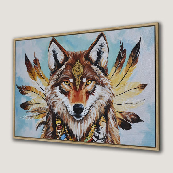 Canvas Print: Majestic wolf art with feathers, vibrant colors. Perfect for boho decor. Framed wall art in warm browns and blues.