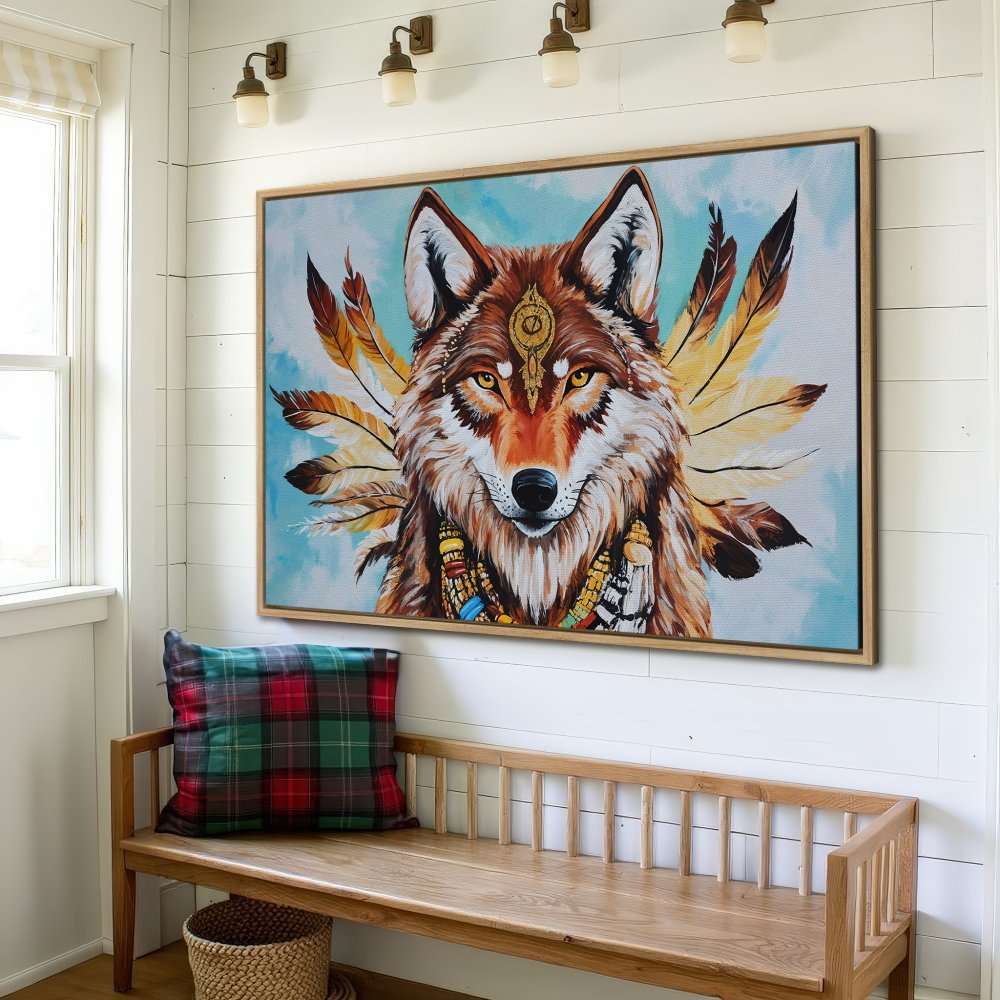 Framed Wall Art: Majestic wolf portrait with feathers, warm earthy tones & turquoise background. Perfect for rustic home decor.