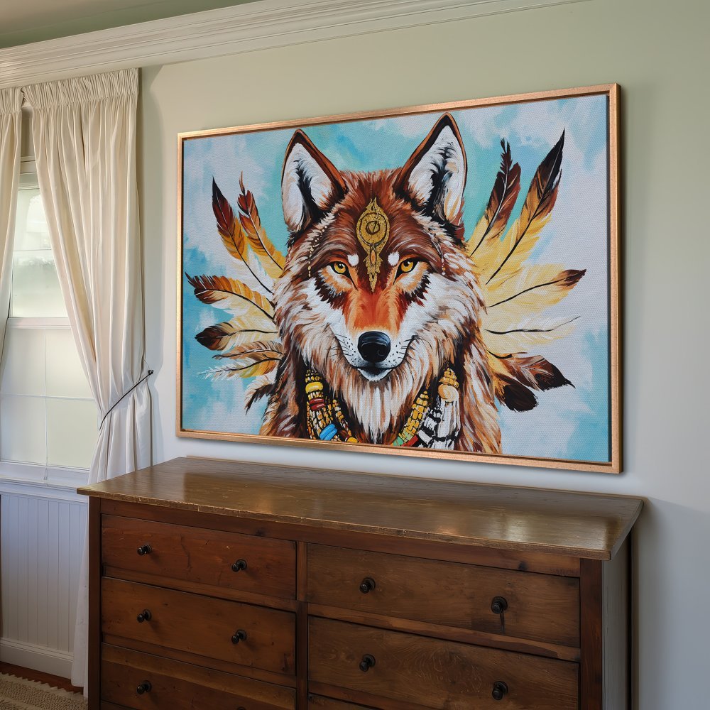 Framed Wall Art: Majestic wolf portrait canvas print with warm earth tones and vibrant feathers. Add a touch of tribal art to your home!
