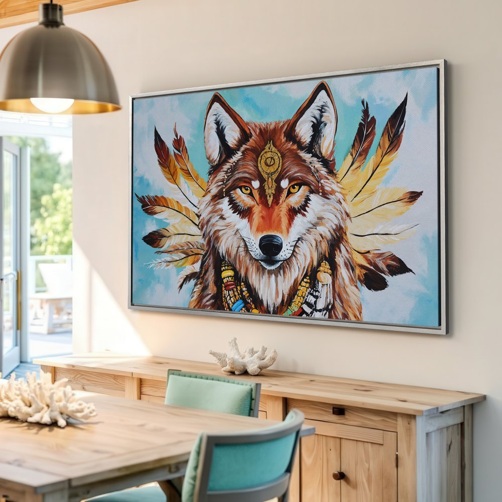 Framed Wall Art: Majestic wolf portrait with feathers, warm earth tones, and turquoise accents. Perfect for adding a touch of nature and style to your home.