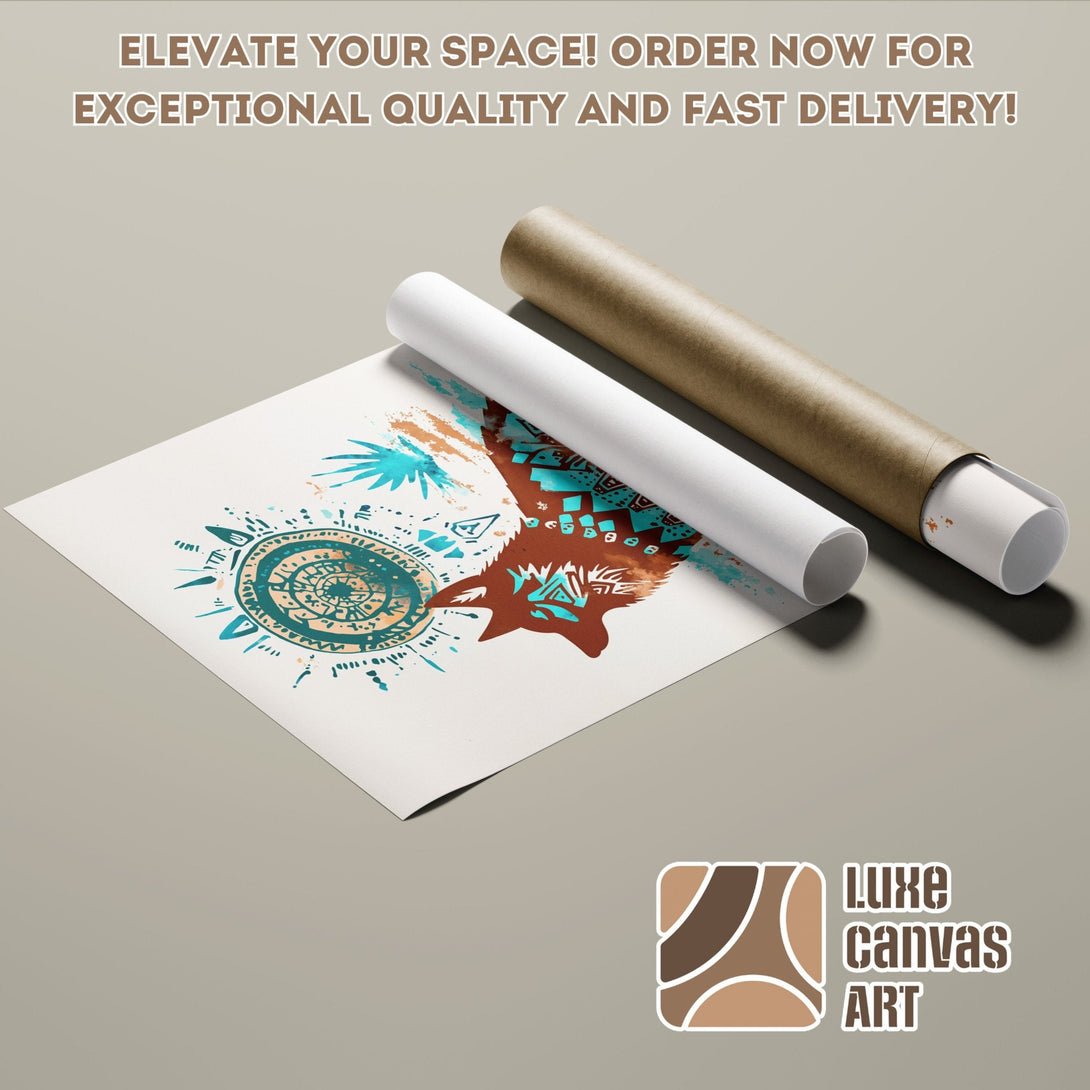 Poster Roll featuring a tribal wolf design in turquoise and brown tones. Modern art for your home!